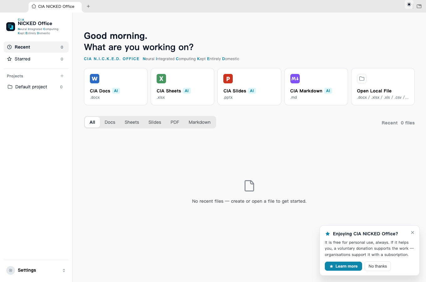 The same home screen in the light theme: white background, dark text, the same five editor cards.